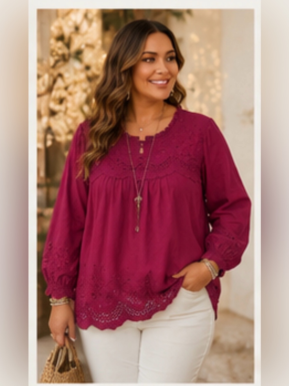 Nurture by Westbound Woman 3X Burgundy Embroidered Eyelet Boho Peasant Blouse